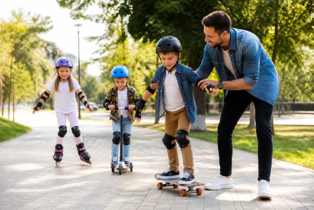 découvrez nos conseils pour initier vos enfants à la trottinette, au roller et au skate en toute sécurité, afin qu'ils s'amusent tout en restant protégés.